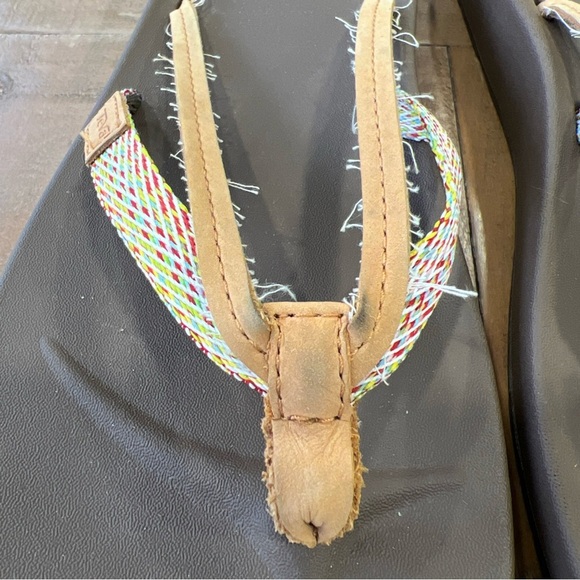 Teva Azure 2 tan leather Flip Flops with Multicolor fabric Straps - Picture 3 of 8
